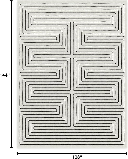 RUGGABLE x Jonathan Adler Machine Washable Modern Area Rug – Labyrinth Black/Ivory 9x12, Stain-Resistant, Non-Slip – Large Rugs for Living Room, Bedroom, Hallway, Entryway & Office–with Cushioned Pad