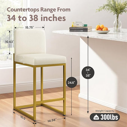 ALPHA HOME 24 Inch Bar Stools, Kitchen Counter Stools with Backs, PU Leather Barstools, White Bar Stools with Upholstered Footrest, Sturdy Chromed Metal Steel Frame, Off-White