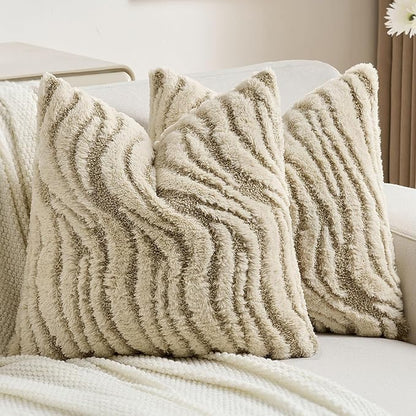 FUTEI Beige Decorative Throw Pillow Covers 24x24 Inch Set of 2,Soft Faux Fur Geometric Shapes Texture European Cushion Case,Boho Home Decor for Couch Bed Living Room