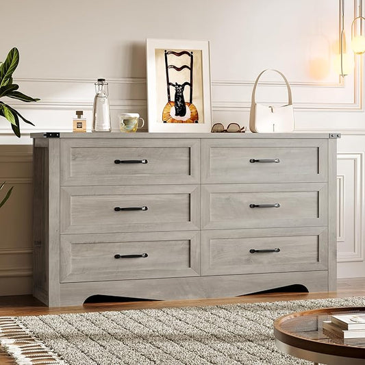 6-Drawer Dresser for Bedroom, Modern Wooden Chest of Drawers with Metal Handles, Anti-Tipping Design, Sturdy and Stable Storage Organizer for Living Room, Entryway, Home Office