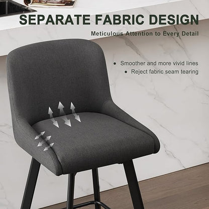 Swivel Counter Height Bar Stools Set of 2, 26''H Upholstered Barstools with Backs, Modern Bar Stool Chairs for Kitchen Island, Metal Legs, Fabric, Black Grey Stools Counter Chair