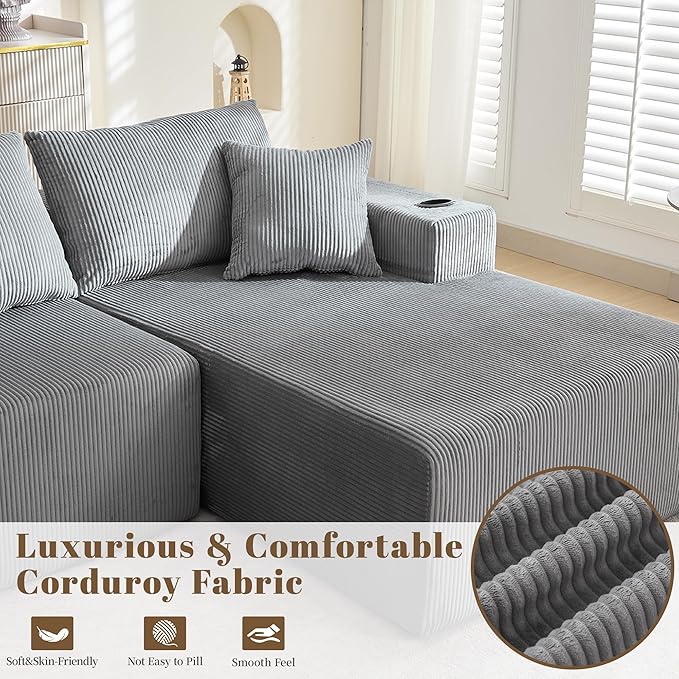 107" Cloud Sectional Couch, Modular Sectional Sofa with L-Shape Chaise, Corduroy Boneless Couch with Deep Seat, Upholstered Sofa for Living Room, No Assembly Required(Right-Facing Chaise, Dark Grey)