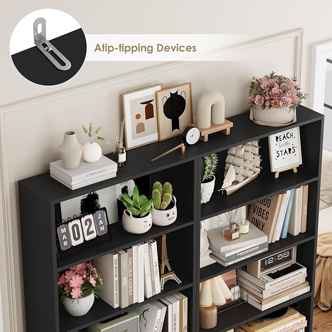 FOTOSOK 70.8" Tall Bookcase Shelf, 6 Tier Wide Bookshelf with Storage, Billy Bookcase Set of 2, Large Bookshelf for Living Room, Home Office, Black