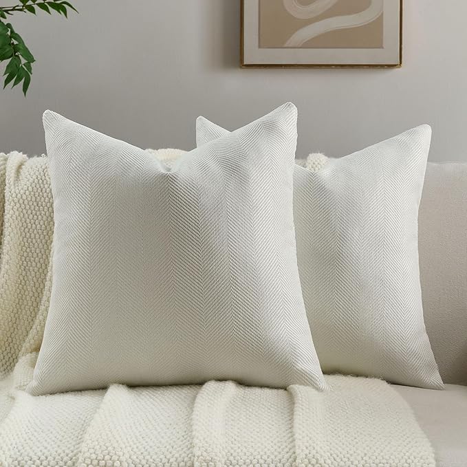 FUTEI Cream White Chenille Throw Pillow Covers 18x18 Inch Set of 2,Soft Wide Chevron Textured Cushion Case,Farmhouse Home Decor for Couch Bed Living Room