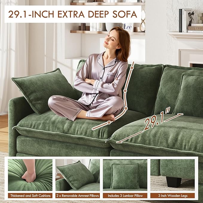 WorthFurni 111.4” Cloud Couch Modular Sectional Sofa with Ottoman, Comfy Modern 3-Seater Couches with Pillows & Upholstered Deep Seat Cushion for Apartment Living Room Bedroom (Green)