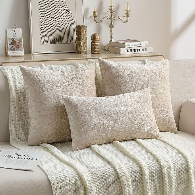 FUTEI Beige Flannel Throw Pillow Covers 16x16 Inch Set of 2,Soft Dimensional Textured Cushion Cases,Modern Home Decor for Couch Living Room