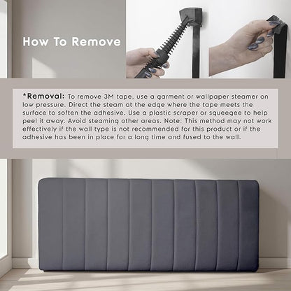 Hearth & Harbor Upholstered Twin Headboard - Easy Assemble Channel Stitched Headboard Twin Size - Wall Mounted Headboards with 3D Soundproof Wall Panels Peel & Stick Floating Headboards, Grey
