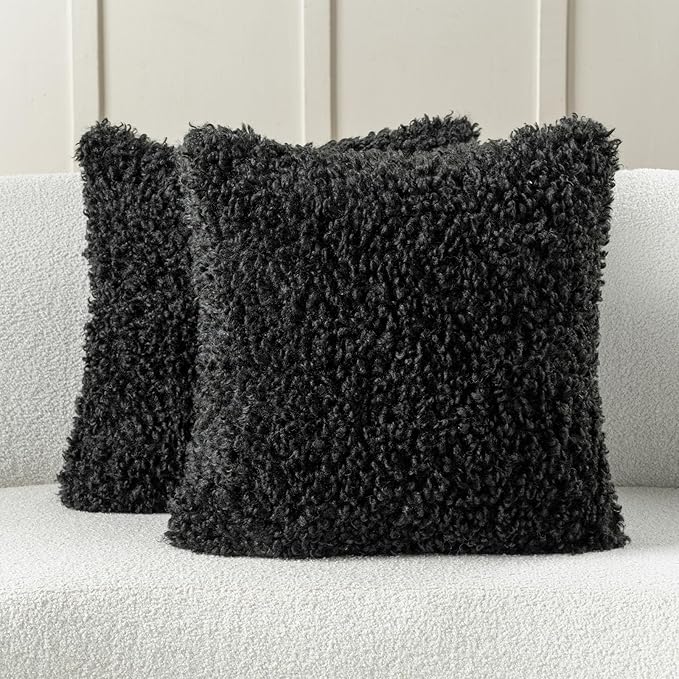 FUTEI Black Decorative Throw Pillow Covers 26x26 Inch Set of 2,Soft Fluffy Faux Wool Fur Boucle Textured Euro Pillow Shams,Modern Home Decor for Couch Bed Living Room Office