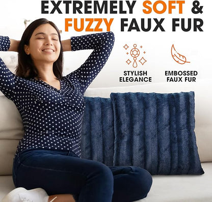 Cheer Collection Faux Fur Throw Pillows - Decorative Pillows for Couch, Bed Throw Pillows, Blue Accent Pillows for Bedroom or Living Room Aesthetic, Set of 2 Furry Throw Pillows, 20" x 20"