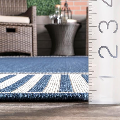nuLOOM 2' x 6' Outdoor/Indoor Asha Area Rug, Asha Navy, Casual Design with Striped Border, Stain Resistant, Highly Durable, for Patio, Balcony, Bedroom, Living Room, Dining Room, Bathroom
