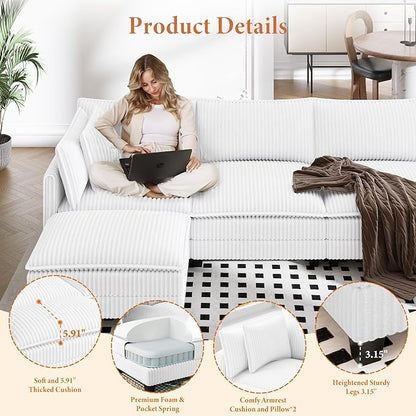 Vesgantti 109" U Shaped Cloud Sectional Sofa, Comfy Corduroy Upholstered Sectional Modular Sofas for Living Room, Modern Modular Couch with 2 Ottoman Deep Seat, Warm White