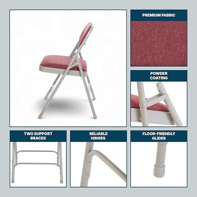 OEF Furnishings OEF2200 Series Heavy-Duty Premium Fabric Padded Upholstery Double-Hinged Folding Chairs (4-Pack, Crimson Red/Gray)