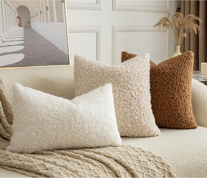 Pack of 2 Curly Teddy Wool Faux Fur Throw Pillow Covers Fuzzy Accent Soft Sherpa Pillowcases Sheepskin Fleece Decorative Cushion Case for Sofa Couch Living Room 18x18 Inch Neutral White