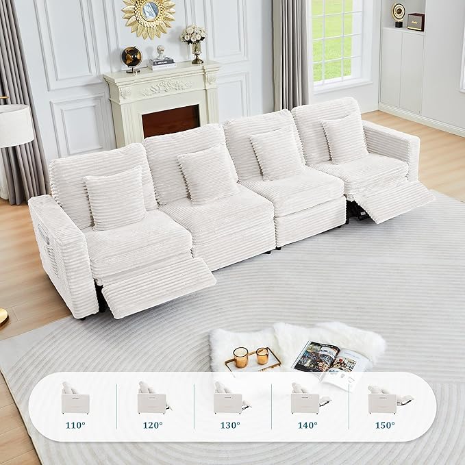 ORRD Power Reclining Sectional Sofa, Electric Loveseat Recliner with 2 Electric Footrest and Adjustable Headrest, Modern Plush Corduroy Fluffy Reclining Sectional with Deep Seat for Living Room-White