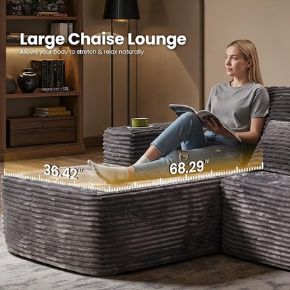 Cloud Sectional Couch with Chaise, Boneless U-Shaped Cloud Couch with Deep Seat, Soft Plush Modern Minimalist Sofa, Assembly Free Modular Floor Sofa for Office Living Room Apartment, Grey