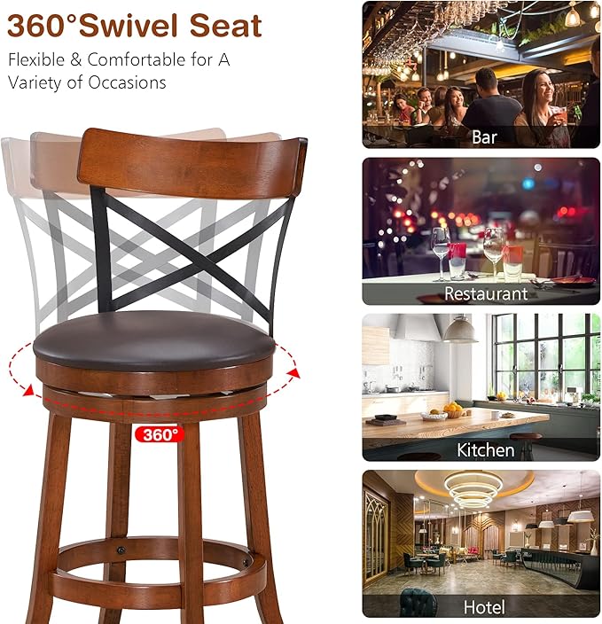 ERGOMASTER Swivel Bar Stools Set of 4 with PU Cushion and Solid Cappuccino Rubberwood Barstool for Kitchen Island Counter, Pub - 29 Inch Height