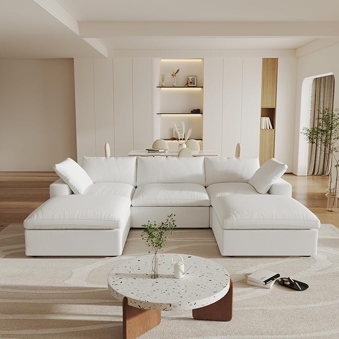Cloud Modular Sectional Sofa Couch,U Shaped Couch 5 Seater for Living Room,120" Convertible Couches with Storage Ottoman, Covers Washable&Replaceable,White