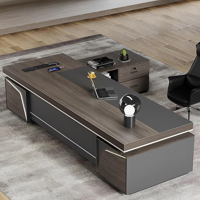 Modern Large Desk, Modern L-shaped Desk With Side Cabinets, Executive Desk With Combination Lock Drawer, Business Furniture Desk With Simple Cable Management (chair Not Included)(63x29.5x94.48inch)
