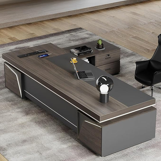 Modern Large Desk, Modern L-shaped Desk With Side Cabinets, Executive Desk With Combination Lock Drawer, Business Furniture Desk With Simple Cable Management (chair Not Included)(63x29.5x102.3inch)
