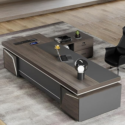 Large Executive Desk, Modern L-Shaped Computer Desk with Side Cabinets, Drawers and Password Lock, CEO Business Furniture Desk (Chair Not Included)(63x29.5x94.48inch)