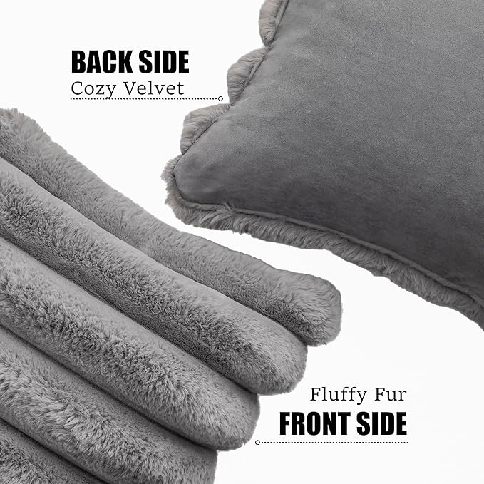 Neelvin Grey Faux Fur Cozy Soft Striped Decorative Throw Pillow Covers 12x20 inch Set of 2,Velvet Pillowcase Cushion Case for Sofa Couch