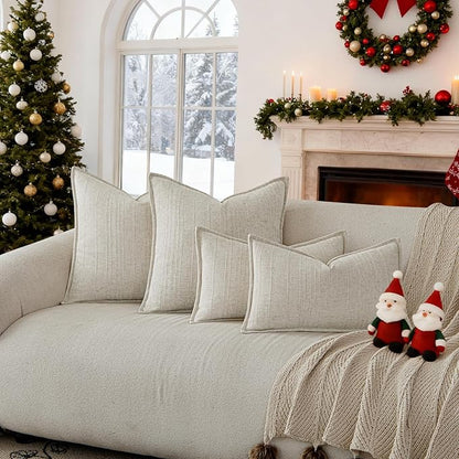 a moment Linen Pillow Covers Set of 2,Boho Farmhouse Throw Pillowcases Neutral Textured Decorative Covers for Couch Sofa Bed,Soft Linen Blend Accent Case Cushion Christmas Home Decor 20"x12"Ivory