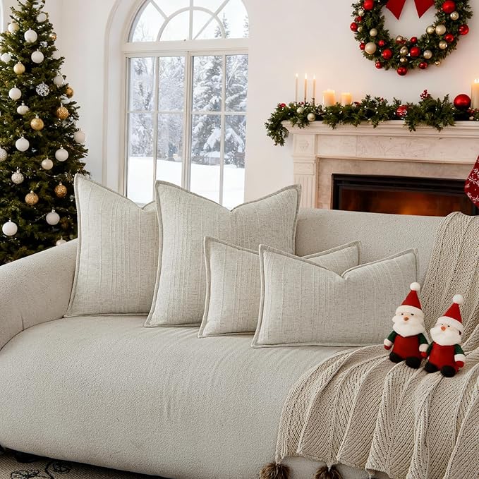 a moment Linen Pillow Covers Set of 2,Boho Farmhouse Throw Pillowcases Neutral Textured Decorative Covers for Couch Sofa, Soft Linen Blend Accent Case Cushion Christmas Home Decor 26"x26"Ivory