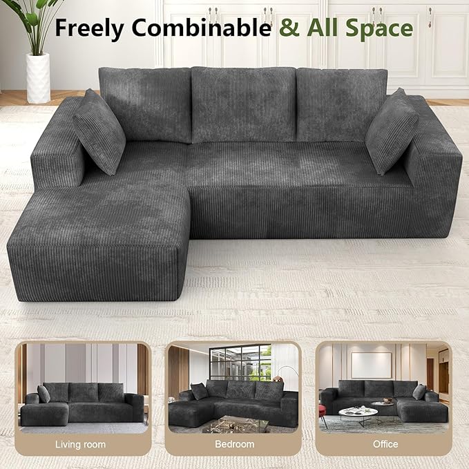 108” Cloud Sectional Couch, Modular Sectional Sofa with Deep Seat, Corduroy Boneless Couches with Chaise for Living Room Bedroom, No Assembly Required