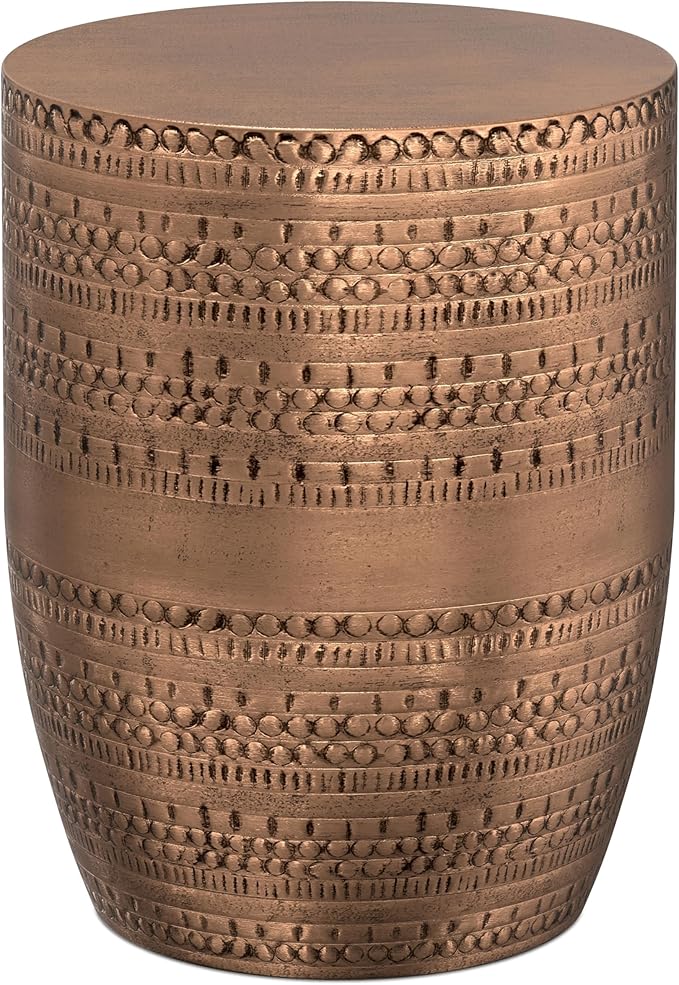 SIMPLIHOME Johnsen Metal Table - 15 inch Wide Solid Iron Drum Accent Table in Antique Copper with Tribal Pattern, Round Boho End Table for Living Room, Bedroom, or Home Office, Fully Assembled