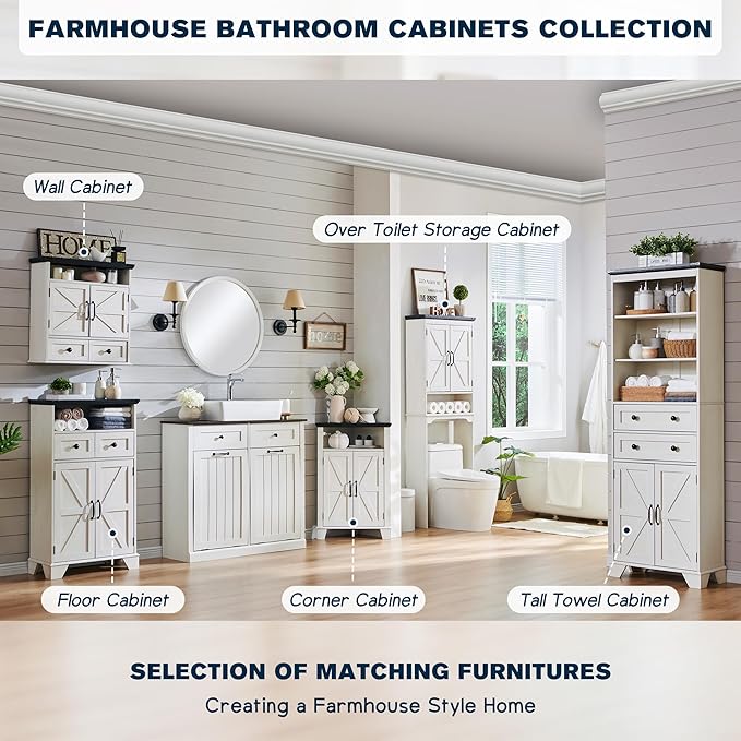 ACCOHOHO Over The Toilet Storage Cabinet, Farmhouse Bathroom Cabinet with Adjustable Shelf & Barn Door, 67" Tall Over The Toilet Shelf, Off White