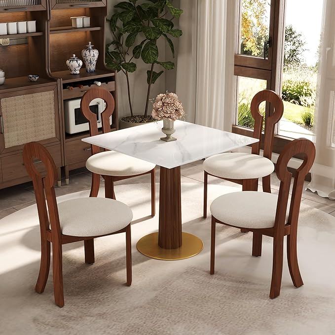 Sintered Stone Square Office Table and Chair Set - Meeting Table for Small Offices (Dark Brown Leg and White Top, 1 Table and 4 Chairs)