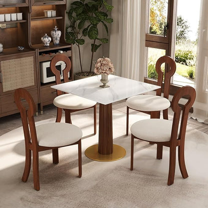 Sintered Stone Square Office Table and Chair Set - Meeting Table for Small Offices (Dark Brown Leg and White Top, 1 Table and 4 Chairs)