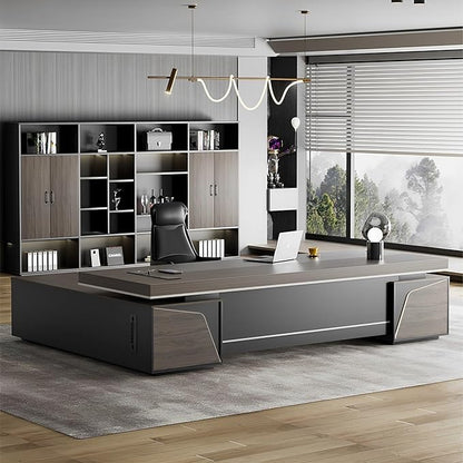 Modern Large Desk, Modern L-shaped Desk With Side Cabinets, Executive Desk With Combination Lock Drawer, Business Furniture Desk With Simple Cable Management (chair Not Included)(63x29.5x102.3inch)