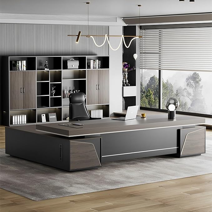 Modern Large Desk, Modern L-shaped Desk With Side Cabinets, Executive Desk With Combination Lock Drawer, Business Furniture Desk With Simple Cable Management (chair Not Included)(63x29.5x94.48inch)