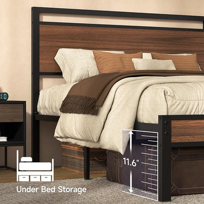 Z-hom Queen Bed Frame with Modern Wood Headboard & Footboard, Upgraded Heavy Duty Metal Sturdy Bed Frame Queen Size, Stable Platform Bed Furniture Bed Storage, No Noise, No Box Springs,Walnut