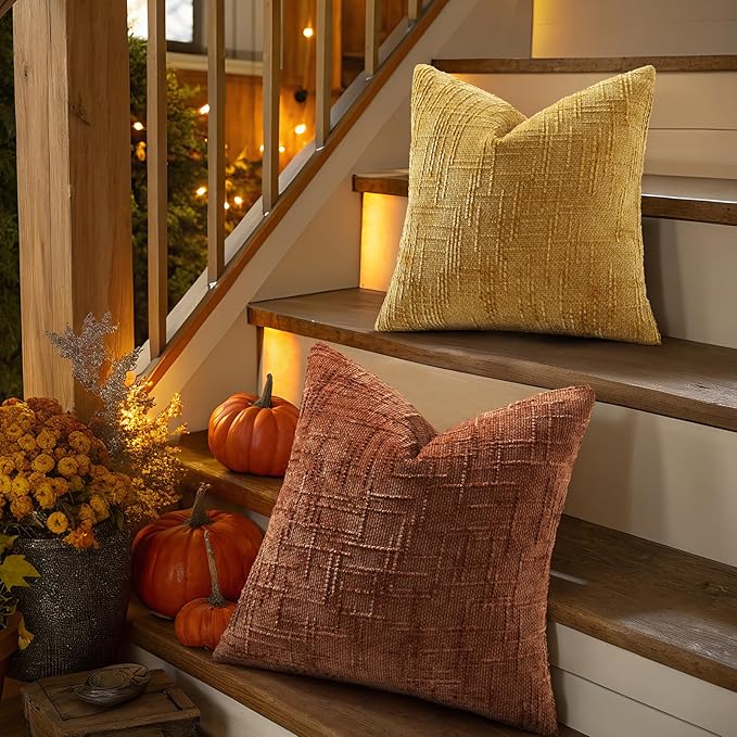 decorUhome Fall Rust Chenille Throw Pillow Covers 18x18 Set of 2 Thick Textured Slubby Couch Pillow Covers Farmhouse Accent Modern Neutral Decorative Pillow Cases for Bed Sofa Living Room