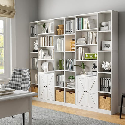 MXV 74" Tall Bookshelf, White Bookcase with Doors and Storage Space, Large Display Shelf for Home & Office, Living Room, Bedroom, Kitchen