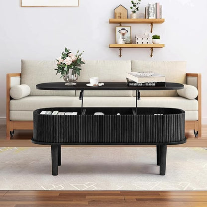 Fluted Lift Top Coffee Table with Hidden Compartment, Fully Assembled Wooden Center Table, Modern Oval Lift Tabletop for Home Living Room Office, Black