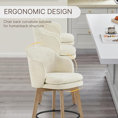 Counter Height Barstools 26 inch Upholstered Swivel Bar Stools with Back and Wood Legs for Kitchen Island,Set of 2,Linen Fabric