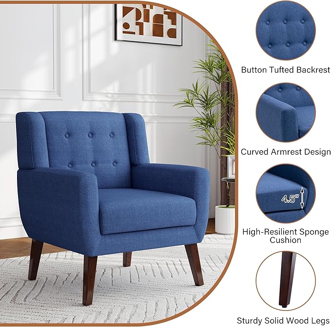 Accent Chair, Modern Fabric Armchair for Living Room, Comfy Upholstered Arm Chair Tufted for Indoor Bedroom Office Room (Blue)