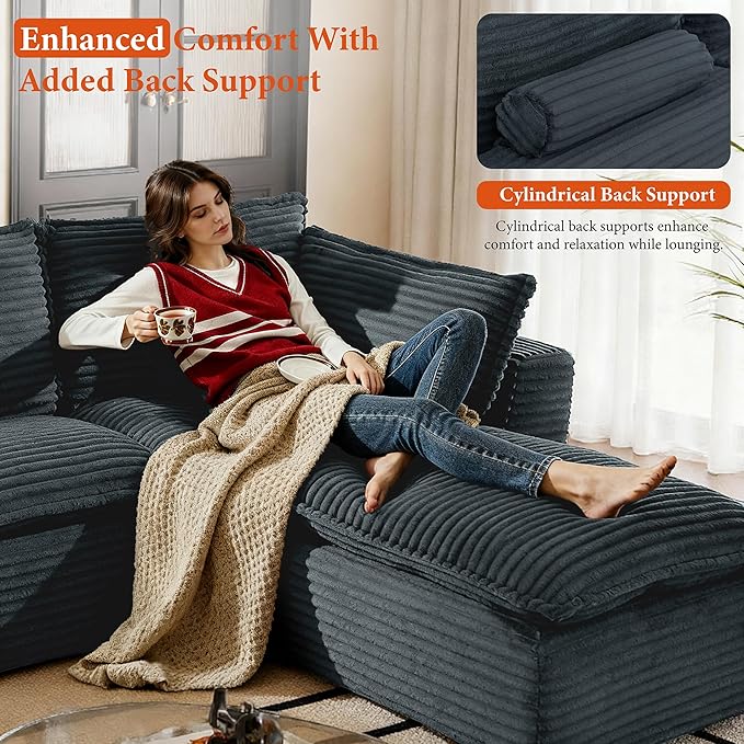 108" Sectional Couches for Living Room Boneless Couch Upholstered Cloud Couch Sectional Modular Sectional Sofa with L Shaped (Corduroy-Blue, 4 Seat+2 Ottoman)