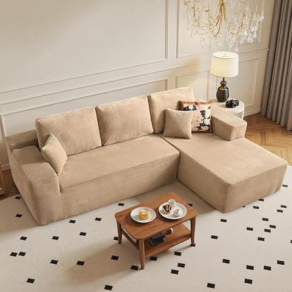 104" Cloud Sectional Couch with Chaise, Boneless L-Shaped Cloud Couch with Deep Seat, Corduroy Modern Minimalist Sofa, Assembly Free Comfy Sofa for Office Living Room Apartment(Camel, Right Chaise)