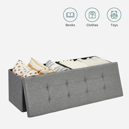 SONGMICS MAZIE Collection - 43 Inches Storage Ottoman, Foldable Storage Bench with Flipping Lid, 660 lb Load Capacity, for Entryway, Living Room, Bedroom, Light Gray ULSF71G