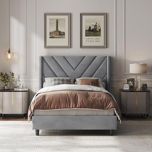 Yaheetech Twin Bed Frame Upholstered Platform Bed with Wing Side/Wooden Slat Support/Tufted Headboard with Wing Side/Mattress Foundation/No Box Spring Needed,Light Gray Twin Bed