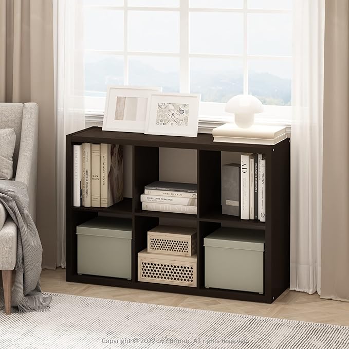 Furinno CUBICLE Book Shelf, 6-Cube Thick Frame Bookshelf, Horizontally & Vertically Reversible Bookcase with Open Back, 14.6 x 43.8 x 30, for Living Room, Bedroom, Home Office, Black Dark Oak