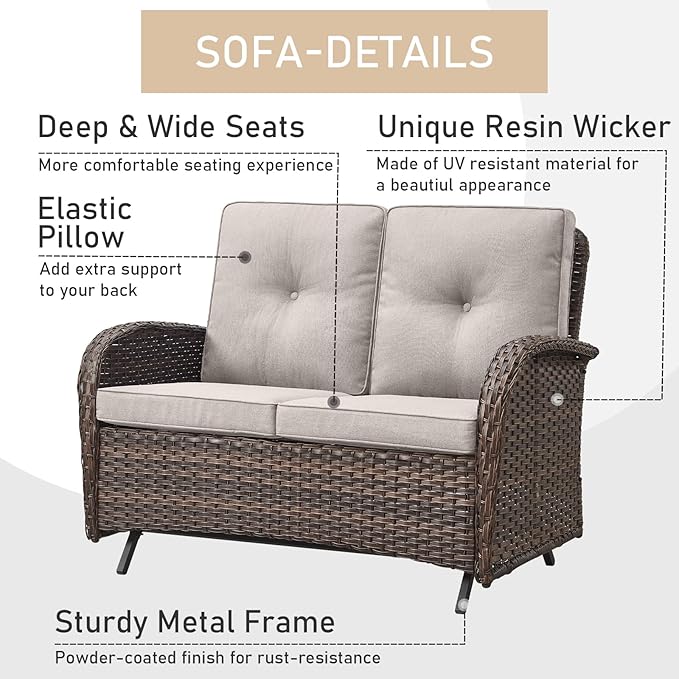 HUMMUH 5-Piece Patio Furniture Set with Fire Pit,Wicker Patio Glider Loveseat Outdoor Swivel Rocker Chairs for Backyard,Poolside,Deck