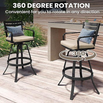 Pellebant Patio Swivel Barstools Set of 6, Aluminum 29.5" Outdoor Bar Height Stool Chairs with Back & Footrest,Rust-Proof Tall Patio Bar Stools for Deck Lawn Garden,Beige
