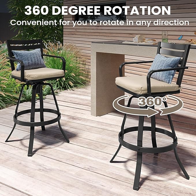 Pellebant 29.5" Sunbrella Outdoor Bar Stools Set of 2, Aluminum Swivel Patio Bar Height Bar Stools with Back & Footrest, Rust-Proof High Barstools for Deck Lawn Garden, Beige
