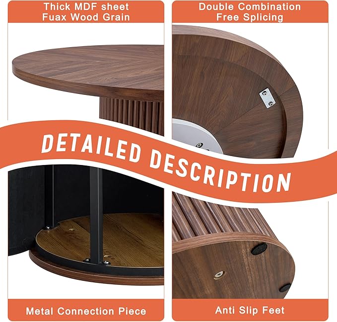 5 Piece Dining Table Set, 42" Round Dining Table Set for 4 with Storage and Suede Chairs, Round Kitchen Table and Chairs for 4 with Thick Wood Top, Roman Column Pedestal, Space-Saving