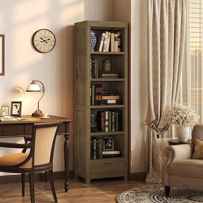 TVU 5-Tier Solid Wood Bookshelf with Drawers, 72-inch Tall Standing Bookcase, 17.7" Wide Open Display Shelf for Living Room, Study, Office Storage, Deep Wood Color